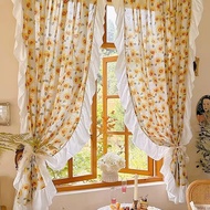 Rural Yellow Sunflower Blossom Print Sheer Curtains with Romantic Ruffles Voile Tier Kitchen Valance for Cafe Cabinet Linen Look Semi-Shading Casual Rod Pocket Doorway Curtain