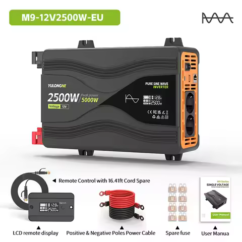 5000W Peak Pure Sine Wave Inverter DC12V‑AC230V EU Plug LCD Wired Remote Control For Car RV Home Sol