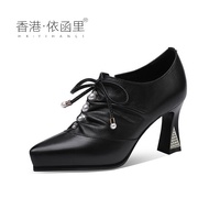 รองเท้าส้นสูงหนังวัวชั้นเดียวแบบหุ้มข้อป้องกันน้ำ ฤดูใบไม้ผลิ 2025 รองเท้าส้นสูงแบบหัวเข็มขัดสำหรับผ