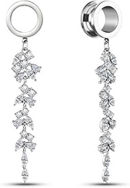 Silver ear dangle gauges 1 Pair Double Horn With Flower Earrings Tunnels Hypoallergenic Stainless St