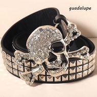 GUADALUPE Black Rivet Belt, Y2K Adjustable Skull Wide Waistband, Vintage Black Rhinestone Punk Skele