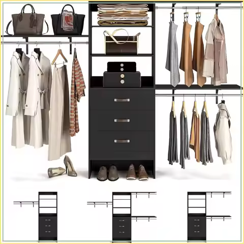 96" Wood Closet System 3 Drawers 3 Shelves 8FT Adjustable Modular Wardrobe Black 1000 LBS