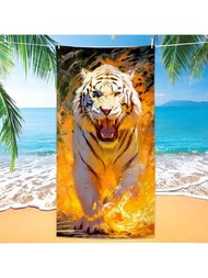 1入組火焰老虎動漫設計超大號黃色沙灘毛巾，輕量級防水快乾浴巾