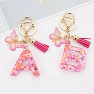 Stylish Pink Alphabet Keychain - Heart Shimmering Butterfly Tassel Crystal Epoxy Pendant for Couples