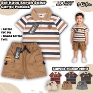 DEEPKIDS Boys' Striped Collar T-Shirt & Short Cargo Pants Set Made of 24s CVC Cotton & Premium Cotto
