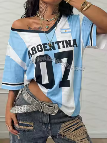 Women Sports stripe Argentina No.7 Print Short Sleeve v-Neck Women's Children Mens Tops Men Wome Plu