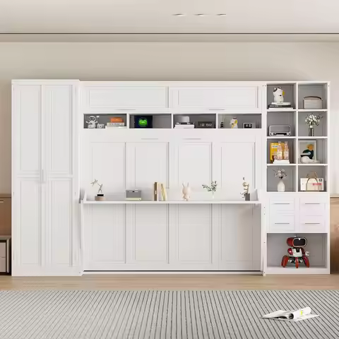 Queen Size Horizontal Murphy Bed with Desk, olding Murphy Bed Cabinet with Storage Wardrobe Ders and