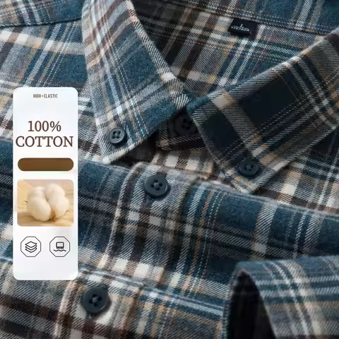 100% Cotton Flannel Shirt Men's, Plaid Casual Jacket, Anti-Wrinkle, Multi-Color Gold Quality Long-St