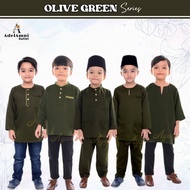 Tema Olive Green Kurta Baju Melayu Budak Lelaki Kids Plain Muslim Terkini Kenduri Raya (Size XS-2XL)