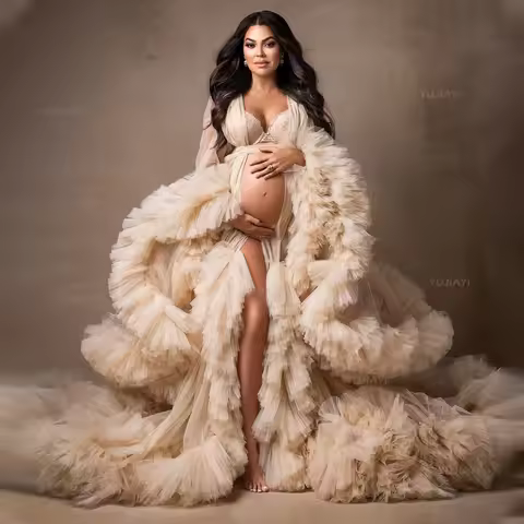 Customized Luxury Fluffy Women Gown Long Tulle Robe Puffy Pregnancy Maternity Dress for Baby Shower 