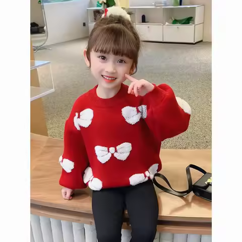 Girls Sweater 2024 Fashion Childrens Winter Wear Red New Year Christmas O-Neck Sweater