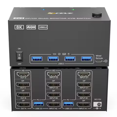 KVM Switch 4 Monitors 2 Computers,KCEVE USB 3.0 HDMI+DisplayPort 8K@60Hz/4k@144Hz Four Monitor KVM f