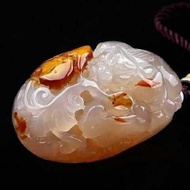 Genuine Natural Jade Agate Chalcedony Handle Piece Skillfully Carved Agate Pixiu Mythical Beast Luck