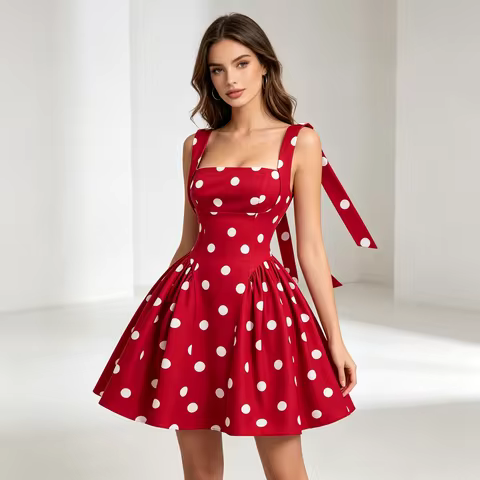 Red White Polka Dot Spaghetti Strap Mini Dress Backless Big Bow Waist Satin Flare Short Party Gown V