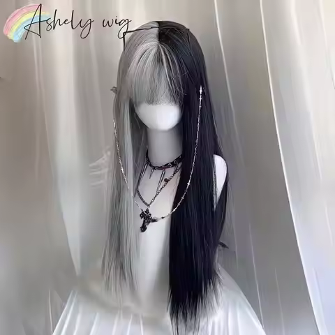 Ashely Half Black Gray Wig with Bangs 26inch Long Straight Wigs Lolita High Temperature Fibers Synth