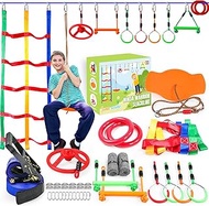 Just.smile Ninja Warrior Obstacle Course for Kids-Ninja Slackline 52ft with 11 Durable Obstacles-Cli