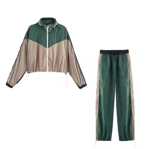 Women's Sportswear Set Color Block Hooded Zip Jacket & Elastic Waist Joggers Spring Summer 2025 Gym 