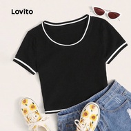 Lovito Casual Tshirt Contrast Tape Spring/summer Black Tshirt for Women L143AD633 Lovito T-shirt Kas