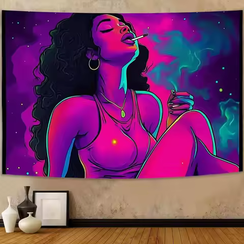 VIKAMA Psychedelic Starry Night Girl Tapestry Purple-Pink Gradient Starry Sky Smoking Girl Living Ro
