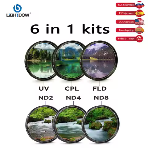 Lightdow UV+CPL+FLD+AND 2 4 8 Camera Lens Filter 6 in 1 Kits 49-82mm Kit for Cannon Nikon Sony Camer