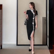 ❃ↂ۞Young French retro elegant temperament black bone eroded cheongsam improved version dress girl da