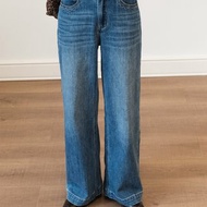 法式復古休閒中腰寬松微闊腿直筒牛仔褲