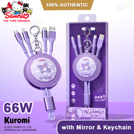 (66W)100% Authentic Sanrio Accessories 3 in 1 Charging Cable with Mirror &amp; Keychain Kuromi USB Cable Type C Lightning Cable Retractable Micro USB Cable Fast Charging for iOS and Android Smartphone Birthday Gift Cinnamoroll AQ7