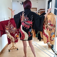 手工刺繡 - 紅龍 / 黑色日本和服浴衣大衣 / 不分性別