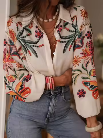 Women Lapel Colorful Floral Print Long Sleeve Shirt, Bohemian Loose Lantern Sleeve Vacation Blouse