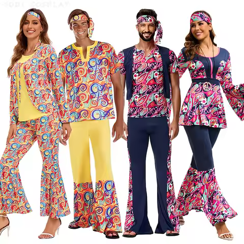 60s 70's Disco Costume for Women Men Couple Hippie Disco Cosplay Costume Fancy Dress Up for Adult Hi