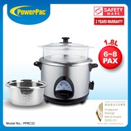 PowerPac Rice Cooker 1.8L, Rice Cooker with Stainless Steel Pot and Food Steamer (PPRC32)
