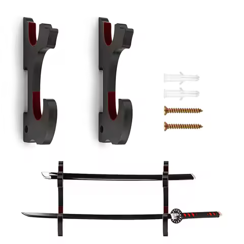 Double Tier Adjustable Wooden Sword Holder Wall Mount Samurai Katana Wakizashi Tanto Sword Display S