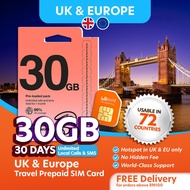 Hello1010 UK & Europe 72 Countries Three Travel Prepaid Plan 30GB (12GB Data outside UK)