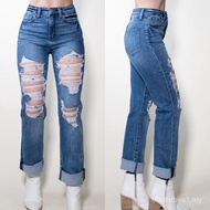 H1609 High-Waist Lace Detail Girlfriend Jeans for Men