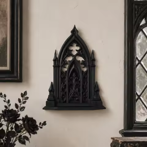 Cross-border Supply Gothic Vintage Church Arch Carved Wall Shelf Black Resin Wall Display Rack Dark