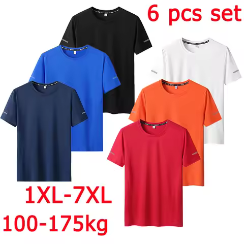 6pcs Men T-shirt Tracksuit Sets Plus Size 5XL/6XL/7XL 90-175kg Quick Dry Round Neck Short Sleeve Spo