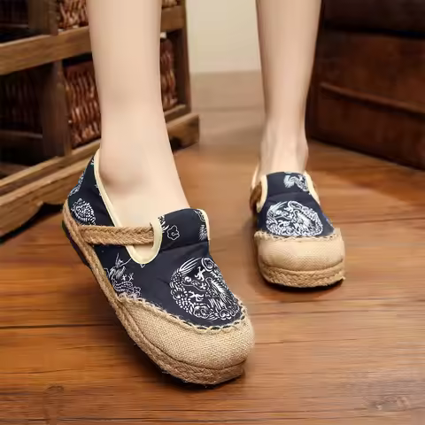 Embroidered Women Casual Linen Cotton Shoes Ladies Walking Flats Woman Driving Loafers Plus Size 35-