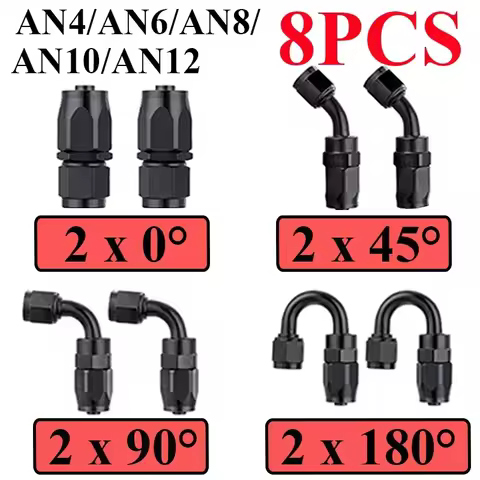 8Pcs Universal AN4 AN6 AN8 AN10 AN12 Straight 45 90 180 Degree Aluminum Swivel Hose End Fittings Ada