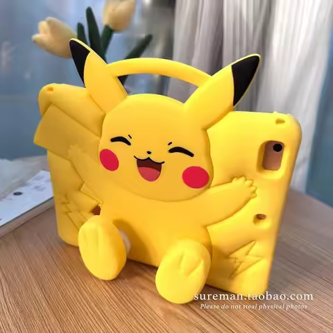 3D Cartoon Pikachu Adjustable Stand Silicone Case for iPad Mini 1-8/Air 1-5/M2/M3/Pro 9.7-11in/10th 