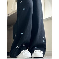 [Ready Stock] American Retro Black Embroidered Jeans High Waist Loose Slimmer Look Wide Leg Drape Tr