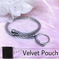 Stainless Steel Cable Bangle and Ring Set - Silver Tone