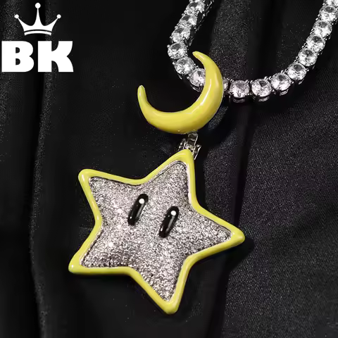 THE BLING KING Luminous Star Pendant Necklace For Women Men Shiny Zirconia Good Night Moon CLap Cute