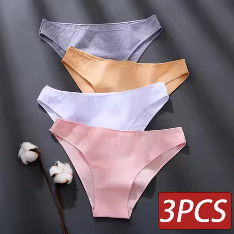 3PCS Women's Cotton Panties Comfortable Underwear Low Waist Solid Color Briefs Plus Size Female Unde