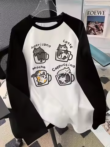Coffee Cat Long Sleeve T-Shirt Print Shirt Funny Hip Hop 90s T Shirt Women's Casual Print Crew Neck 