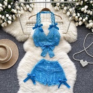 Pure Desire Hot Girl Lace Suit Female Bow V-Neck Halter Neck Narrow-Waist Short Top+Shorts 70626