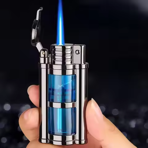2023 Windproof Direct Charge Transparent Visible Air Bin Metal Gas Turbine Lighter Kitchen Barbecue 
