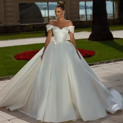 Customized Satin Wedding Dress Off Shoulder Arabian Dubai Ball Gown Sweetheart 2025 Bridal Dress Ves