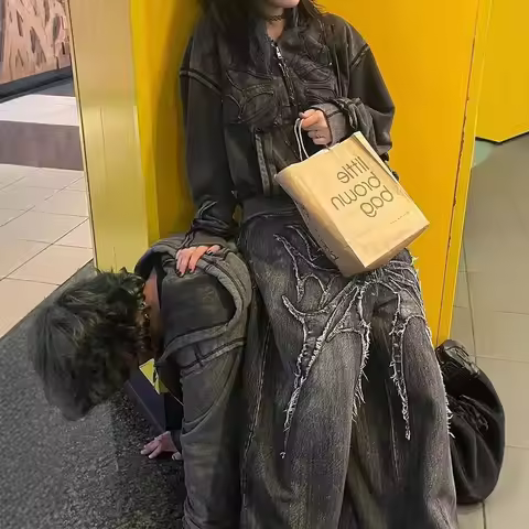 Men's Hip Hop Splicing Wide Leg Y2K Jeans Women's Gothic Straight Loose Jeans