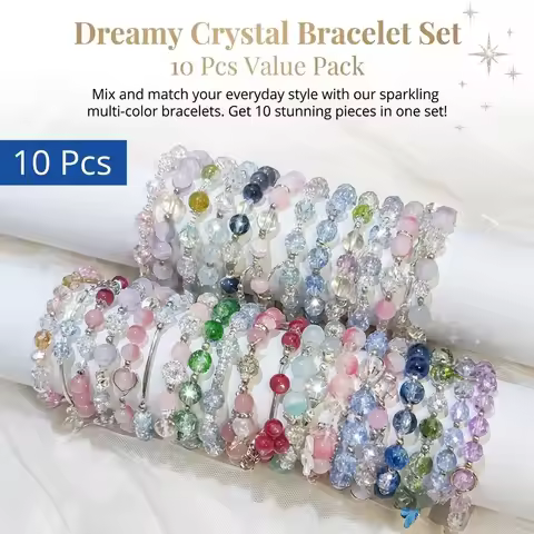 10-piece crystal beaded bracelet set, random colors, multi-colored sparkling elastic bracelets, can 