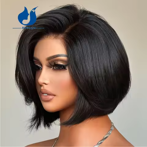 Amethyst Natural Layered Short Bob with Side Bangs for Women Straight 13x6 Lace Front Human Hair Wig